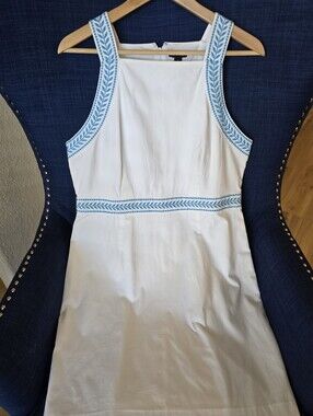 Ann Taylor White Summer Dress Greek Turquoise Trim. 100% Cotton And Lining